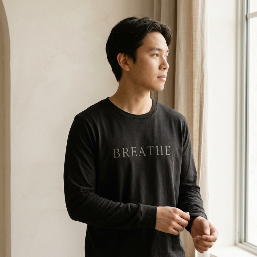 Man wearing a black long-sleeve shirt with 'BREATHE' text, standing by a window.