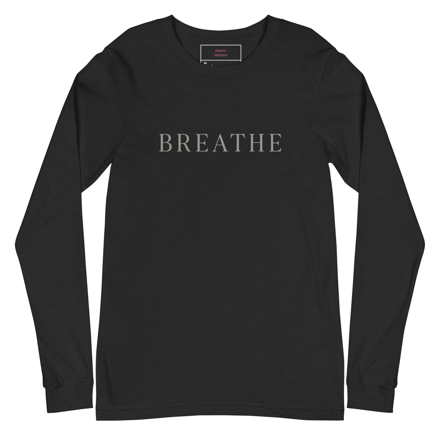 Black long-sleeve shirt with 'BREATHE' text on a white background