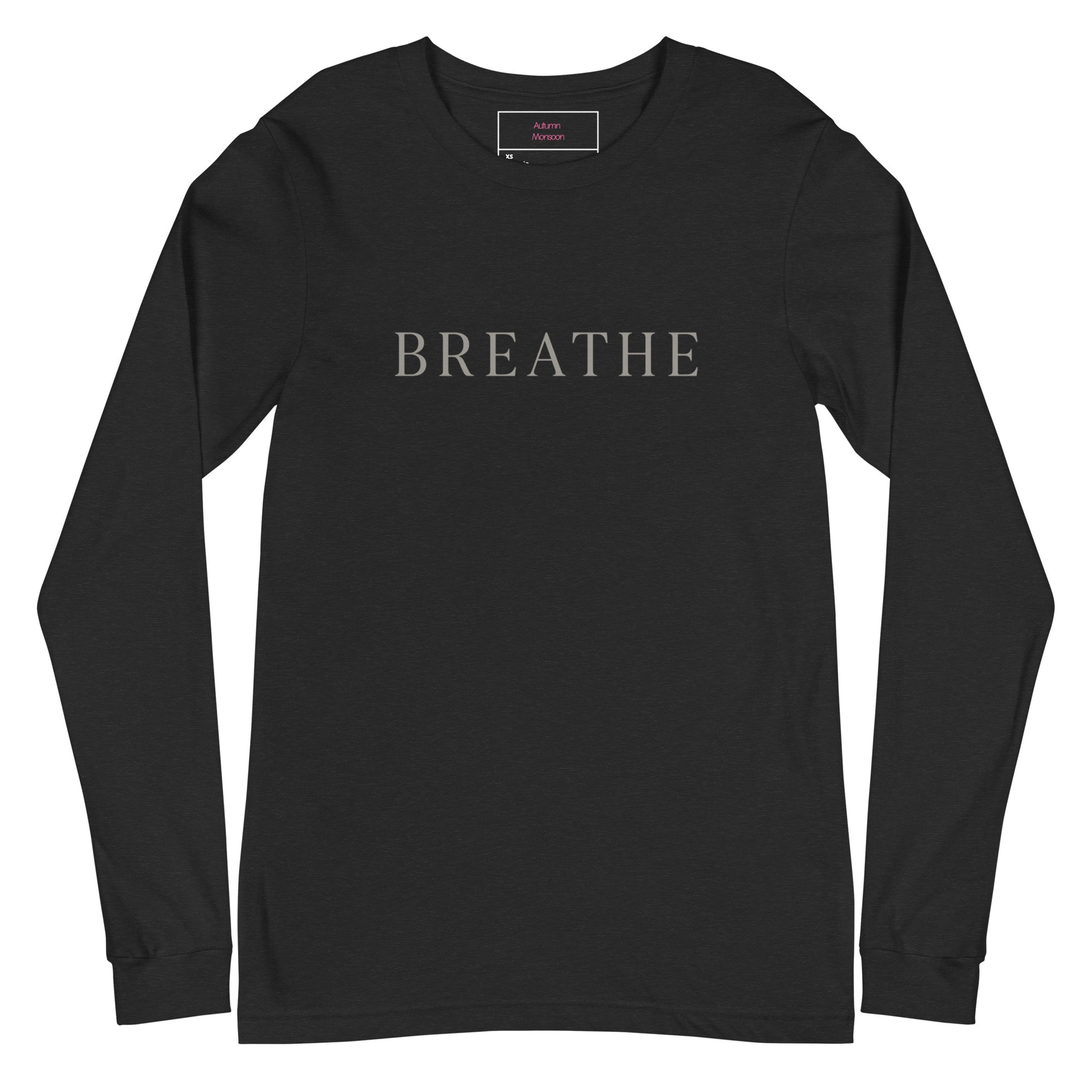 Black long-sleeve shirt with 'BREATHE' text on a white background