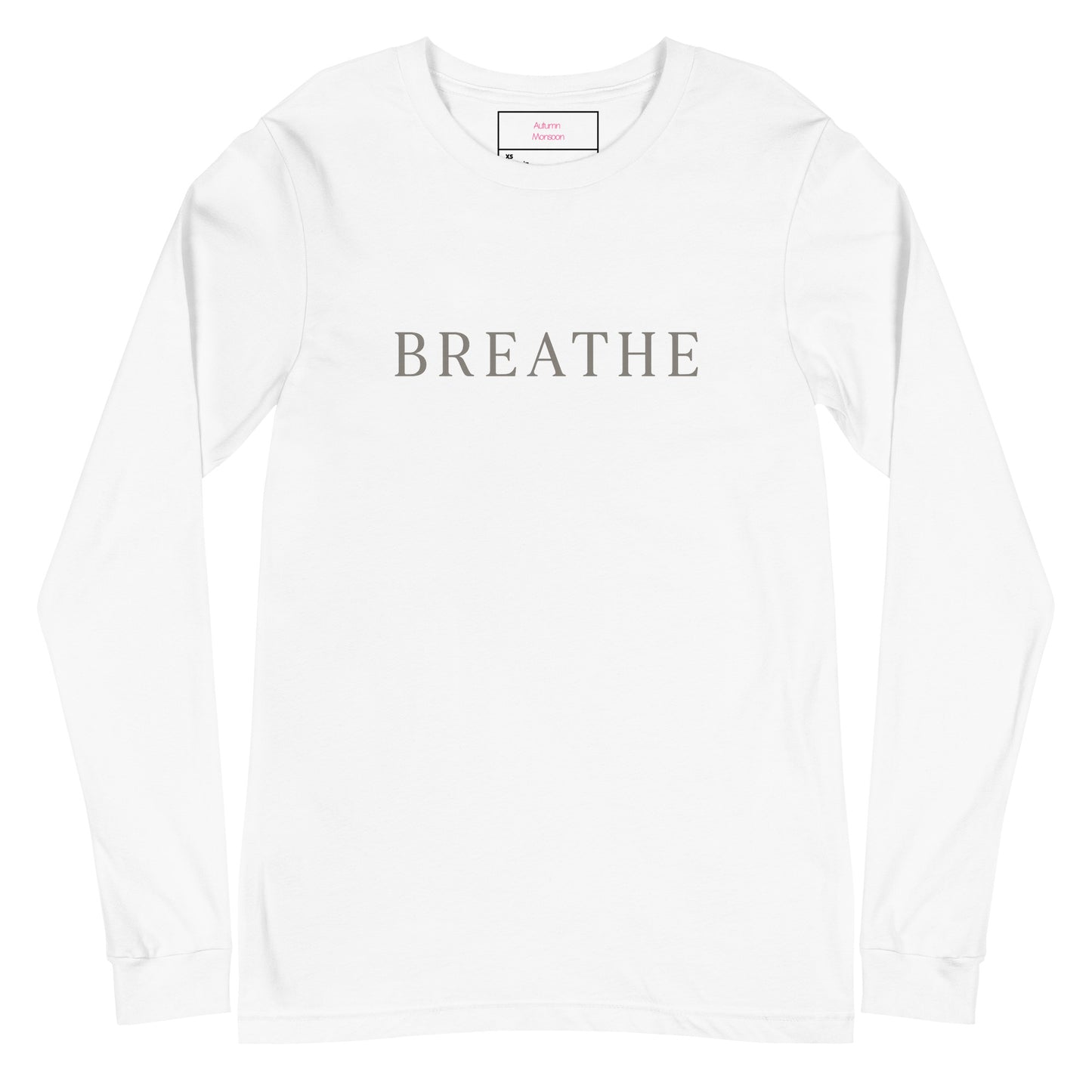 White sweatshirt with 'BREATHE' text on a white background
