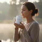 Woman with her eyes closed holding a white coffee mug with the word "Breathe"