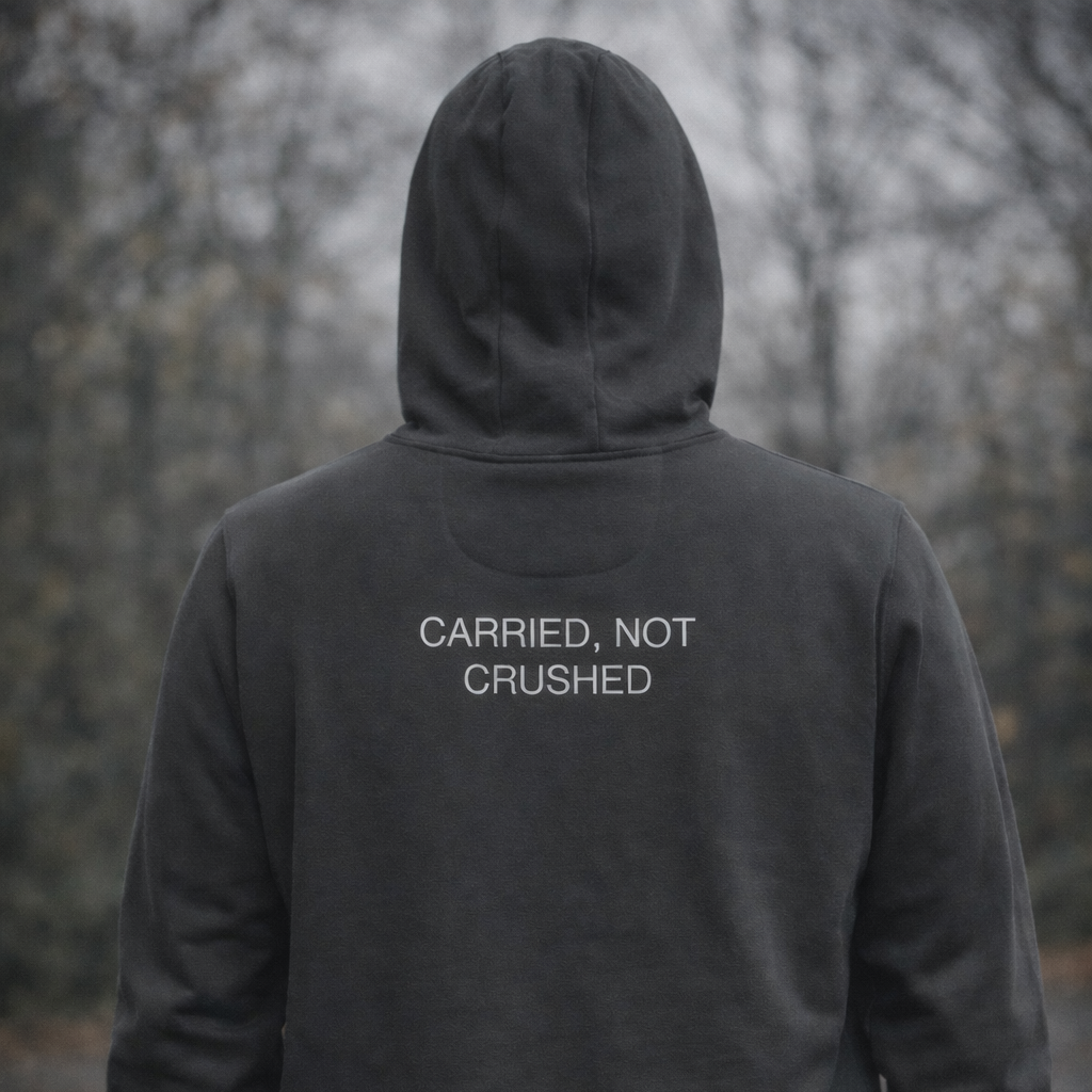 Person wearing a dark hoodie with 'CARRIED, NOT CRUSHED' text on the back in a forest setting.