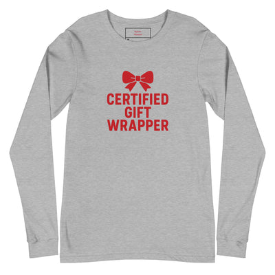 Gray long-sleeve shirt with red text and bow graphic on a white background