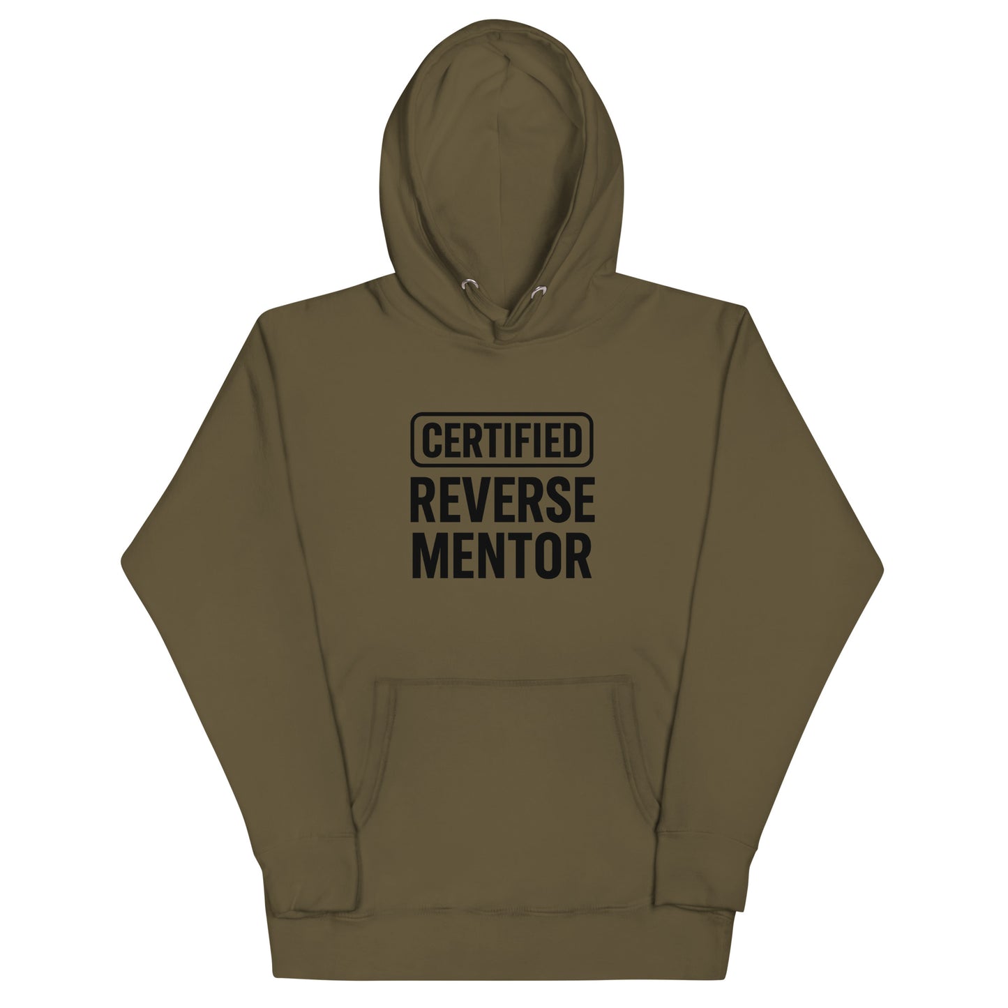 Khaki hoodie with 'CERTIFIED REVERSE MENTOR' text on a white background