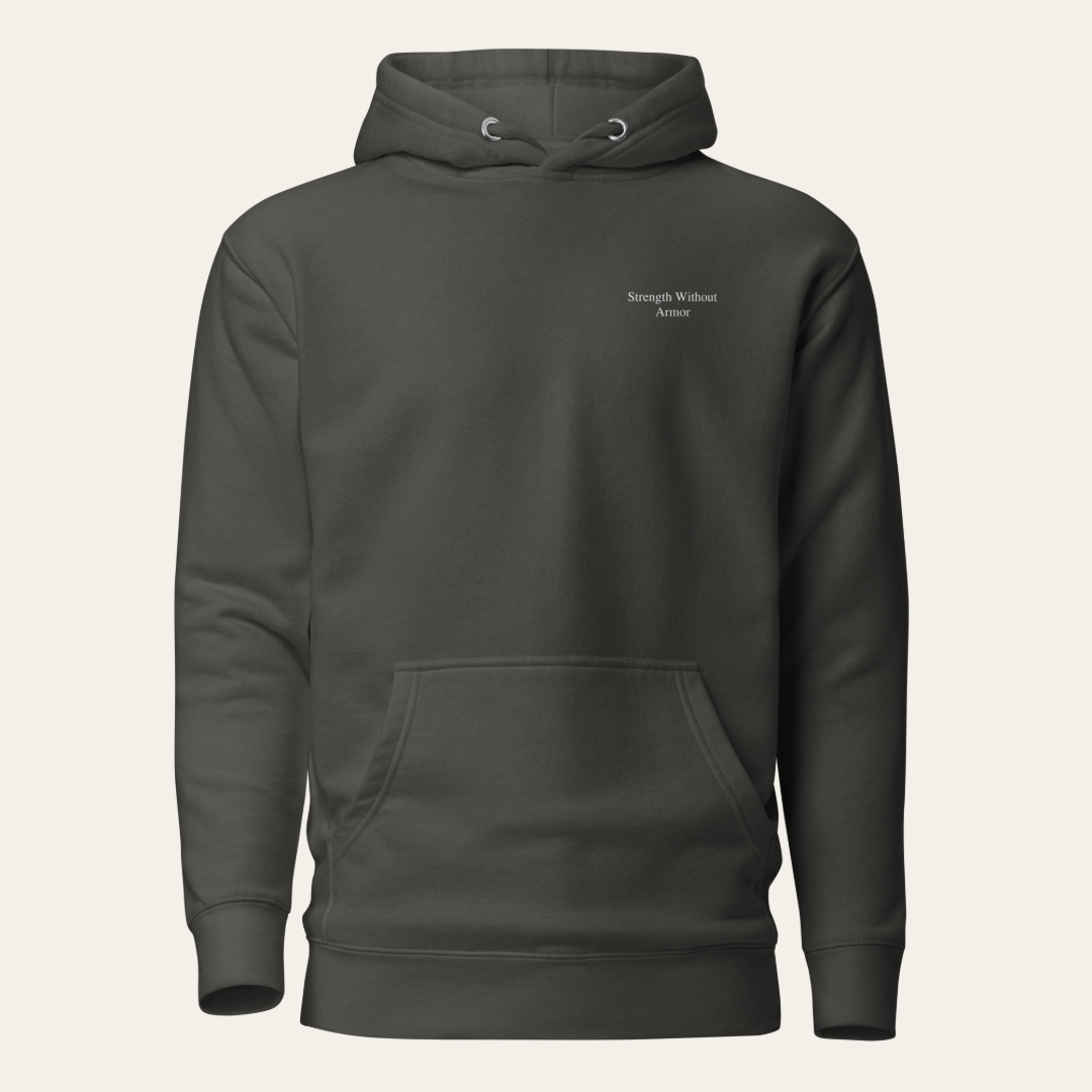 Dark gray hoodie with a heart design on the chest against a white background