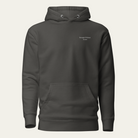 Dark gray hoodie with a heart design on the chest against a white background