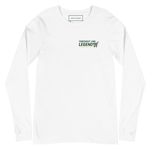 White long-sleeve shirt with a printed design on a white background