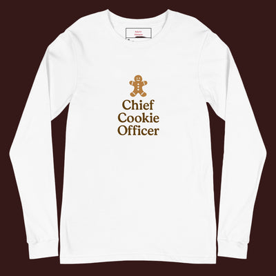 White long-sleeve shirt with 'Chief Cookie Officer' text and gingerbread man graphic on a white background
