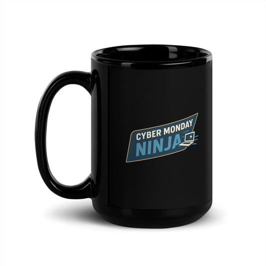 Black mug with 'Cyber Monday Ninja' logo on a white background