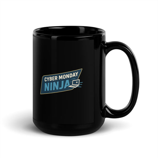 Black mug with 'Cyber Monday Ninja' logo on a white background