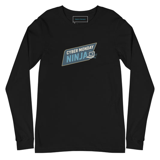 Black long-sleeve shirt with 'Cyber Monday Ninja' graphic on a white background
