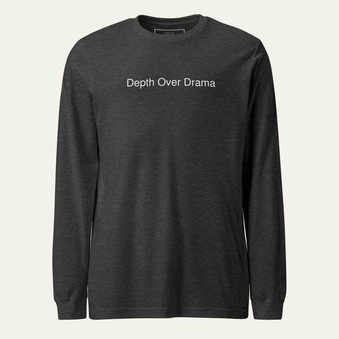 Dark grey heather long sleeve tee with Depth Over Drama on the upper chest.