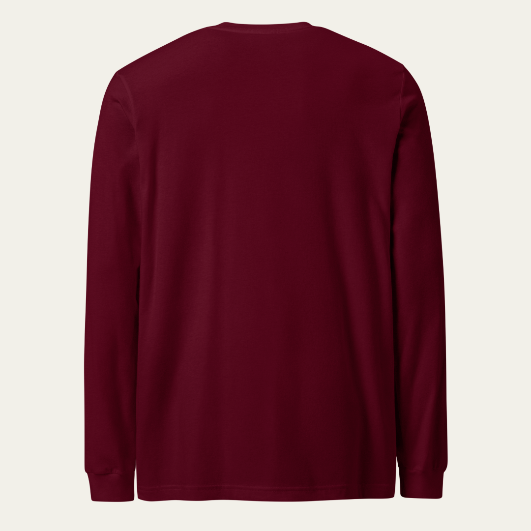 Back of a maroon long sleeve tee