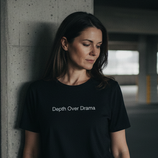 Woman wearing a black t-shirt with 'Death Over Drama' text in an underground parking garage.