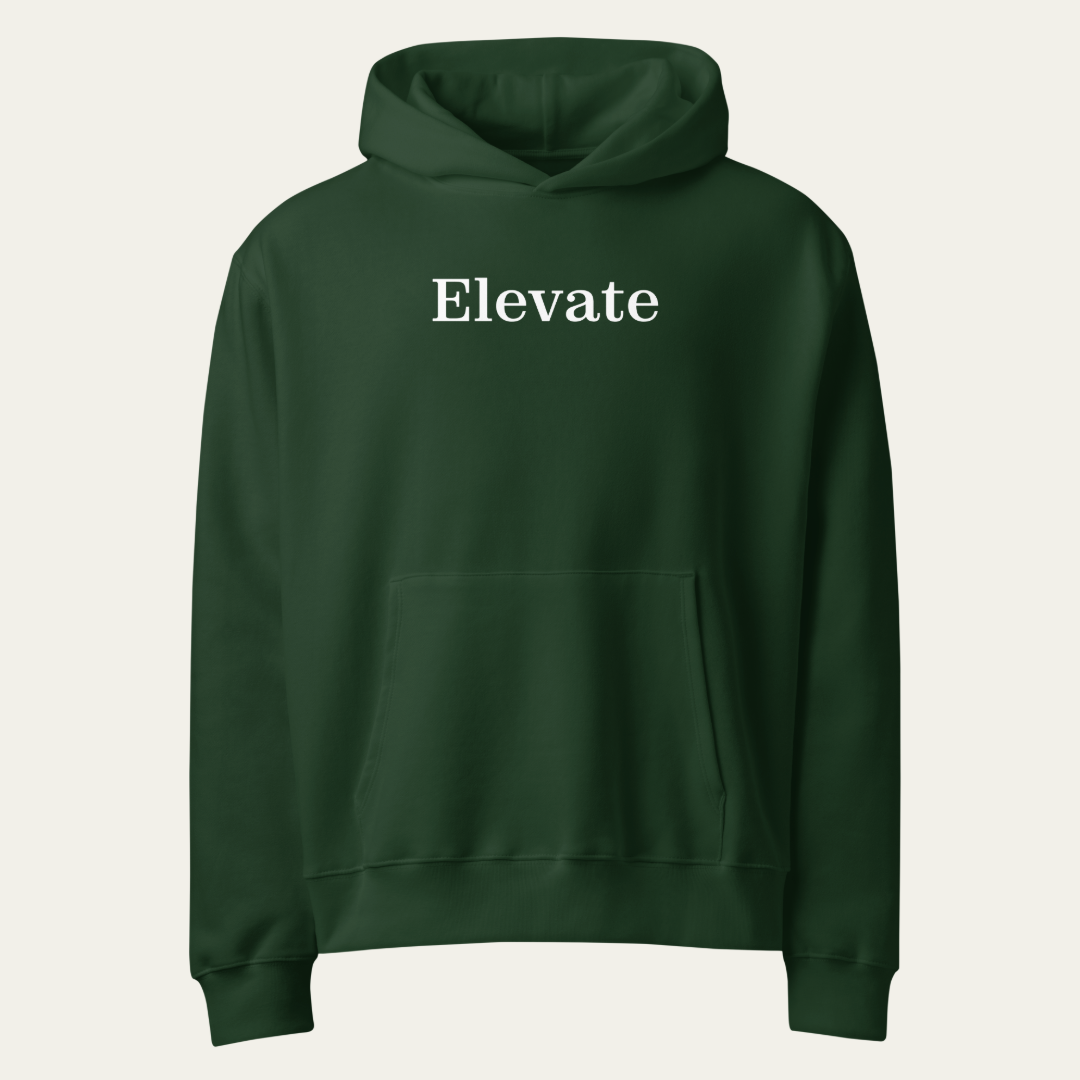 Forest green hoodie with "Elevate" text on chest.
