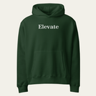 Forest green hoodie with "Elevate" text on chest.