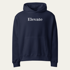 A navy blue pullover hoodie with the word 'Elevate' printed in white serif text across the chest, displayed on a clean, light off-white background.