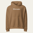 Vintage khaki hoodie with "Elevate" text on the chest.