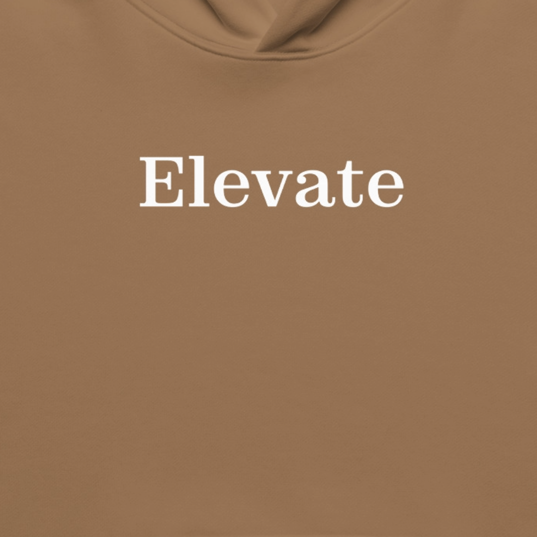 The word "Elevate" on a khaki background
