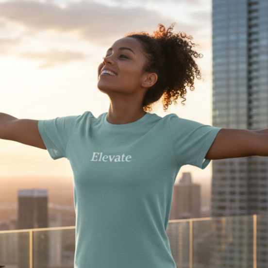 Person wearing an 'Elevate' t-shirt with a city skyline in the background