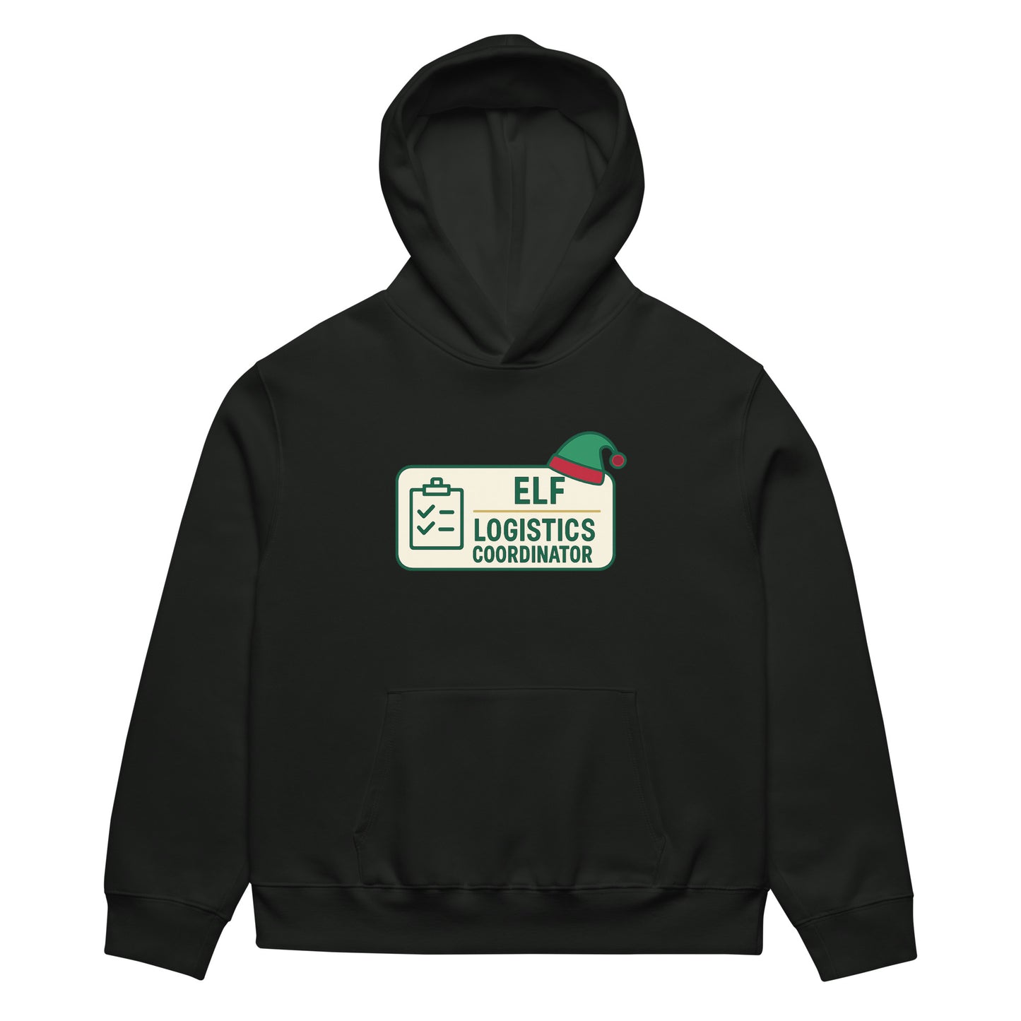 Black hoodie with 'Elf Logistics Coordinator' graphic on a white background