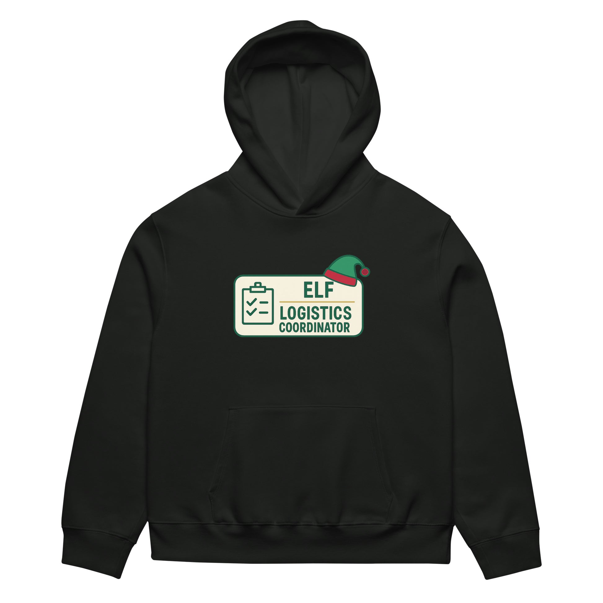 Black hoodie with 'Elf Logistics Coordinator' graphic on a white background