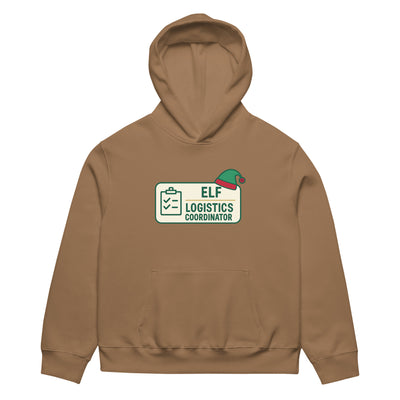 Brown hoodie with 'Elf Logistics Coordinator' graphic on a white background