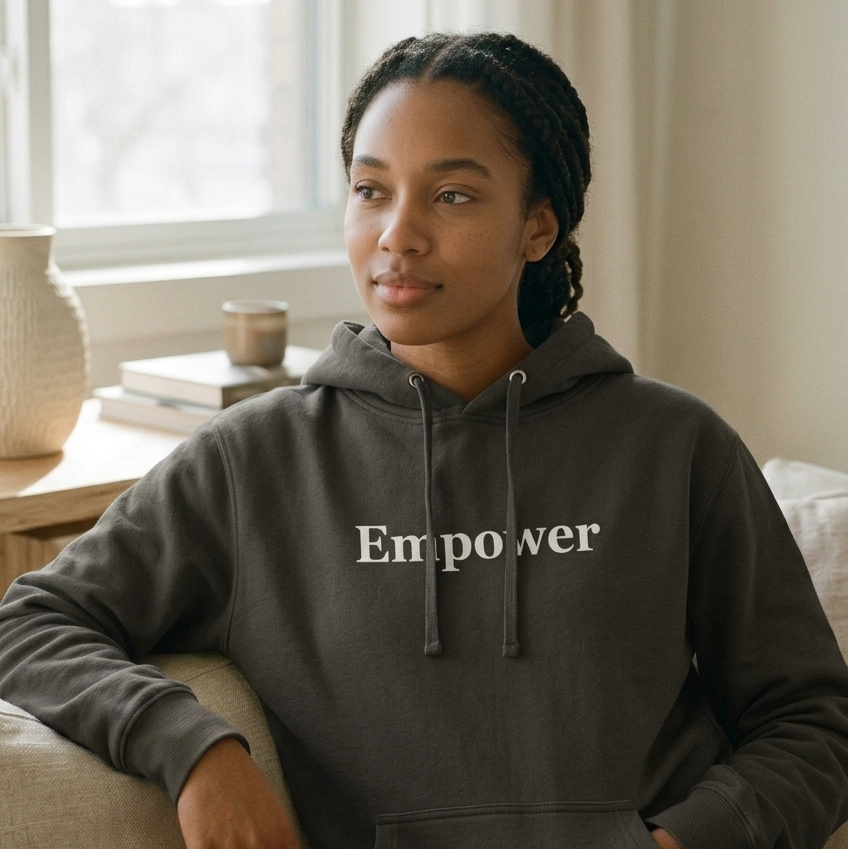 Person wearing a hoodie with 'Empower' text sitting on a couch.