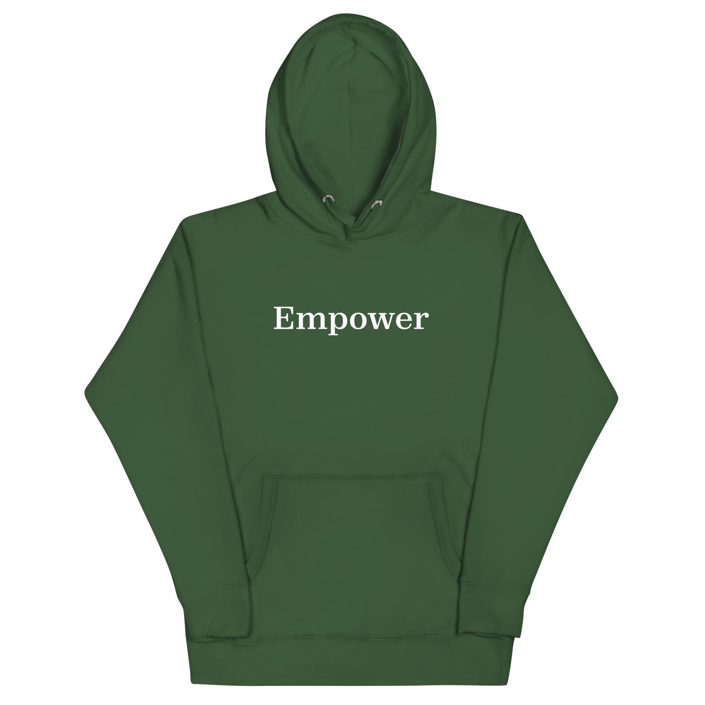 Green hoodie with 'Empower' text on a white background