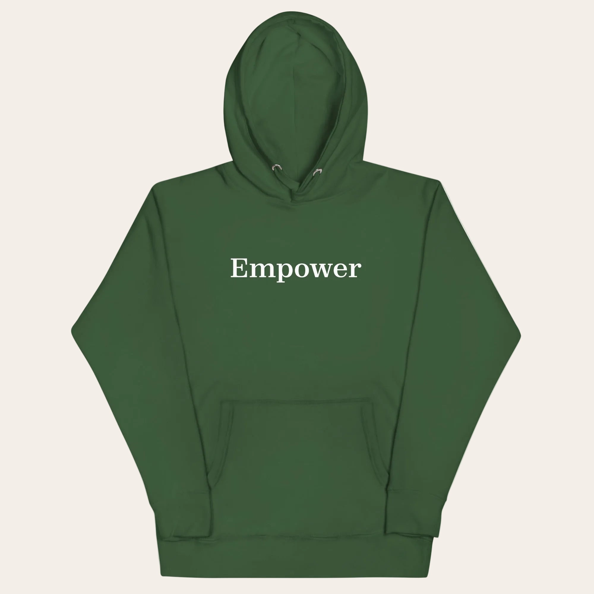 Green hoodie with 'Empower' text on a white background