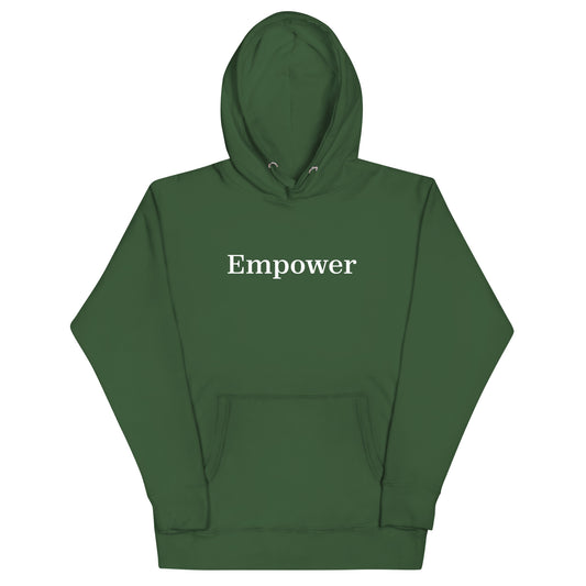 Green hoodie with 'Empower' text on a white background