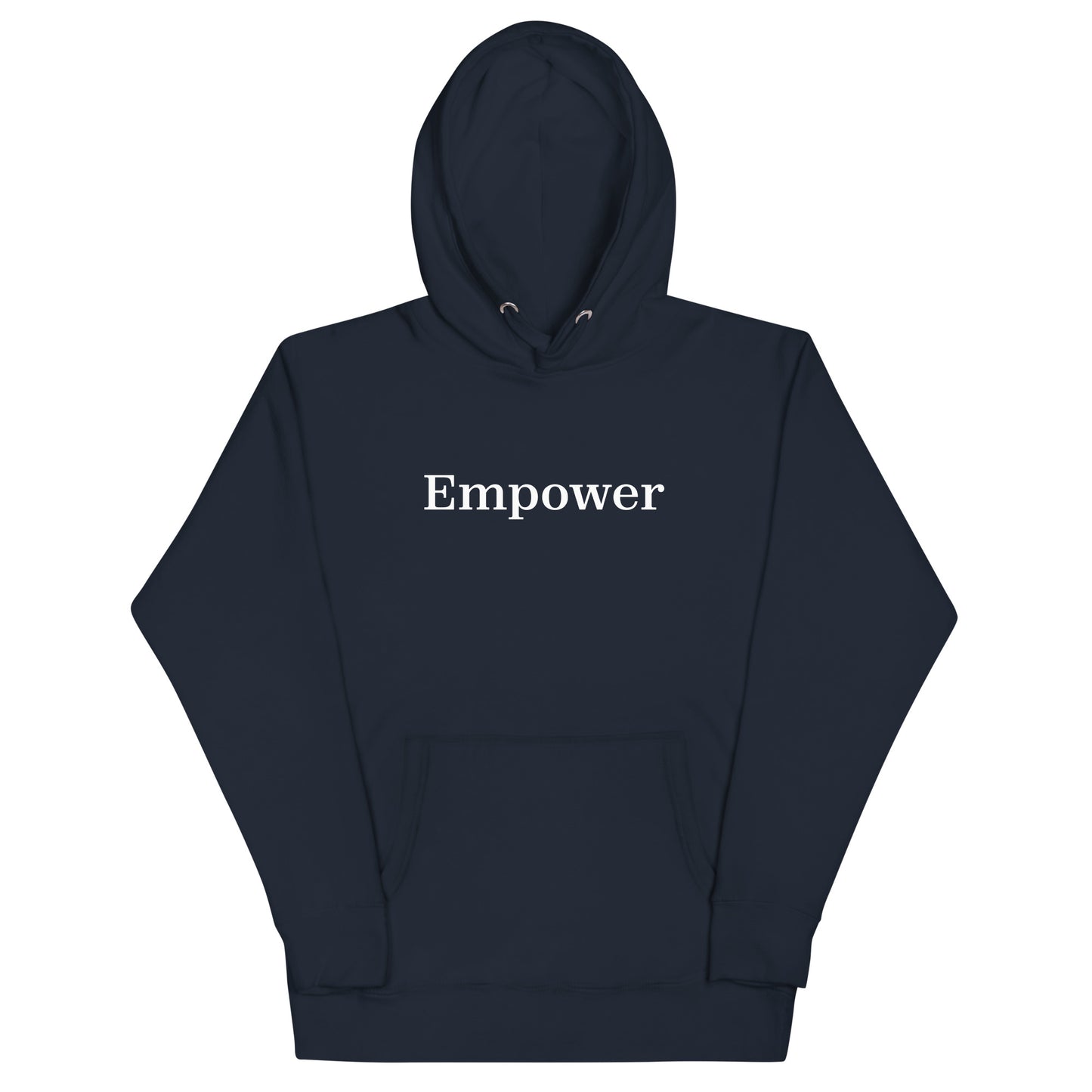 Navy blue hoodie with 'Empower' text on a white background