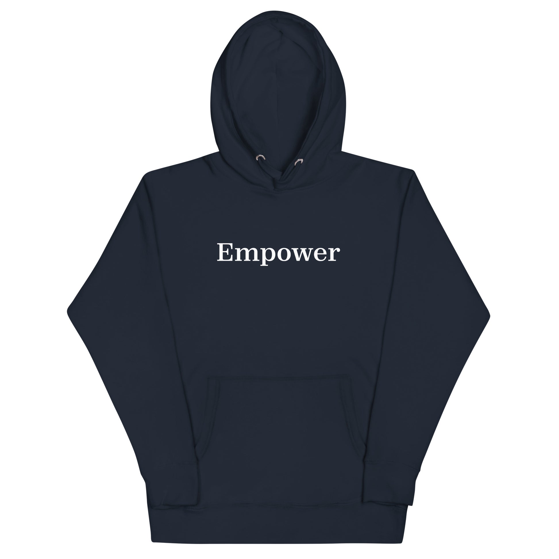 Navy blue hoodie with 'Empower' text on a white background