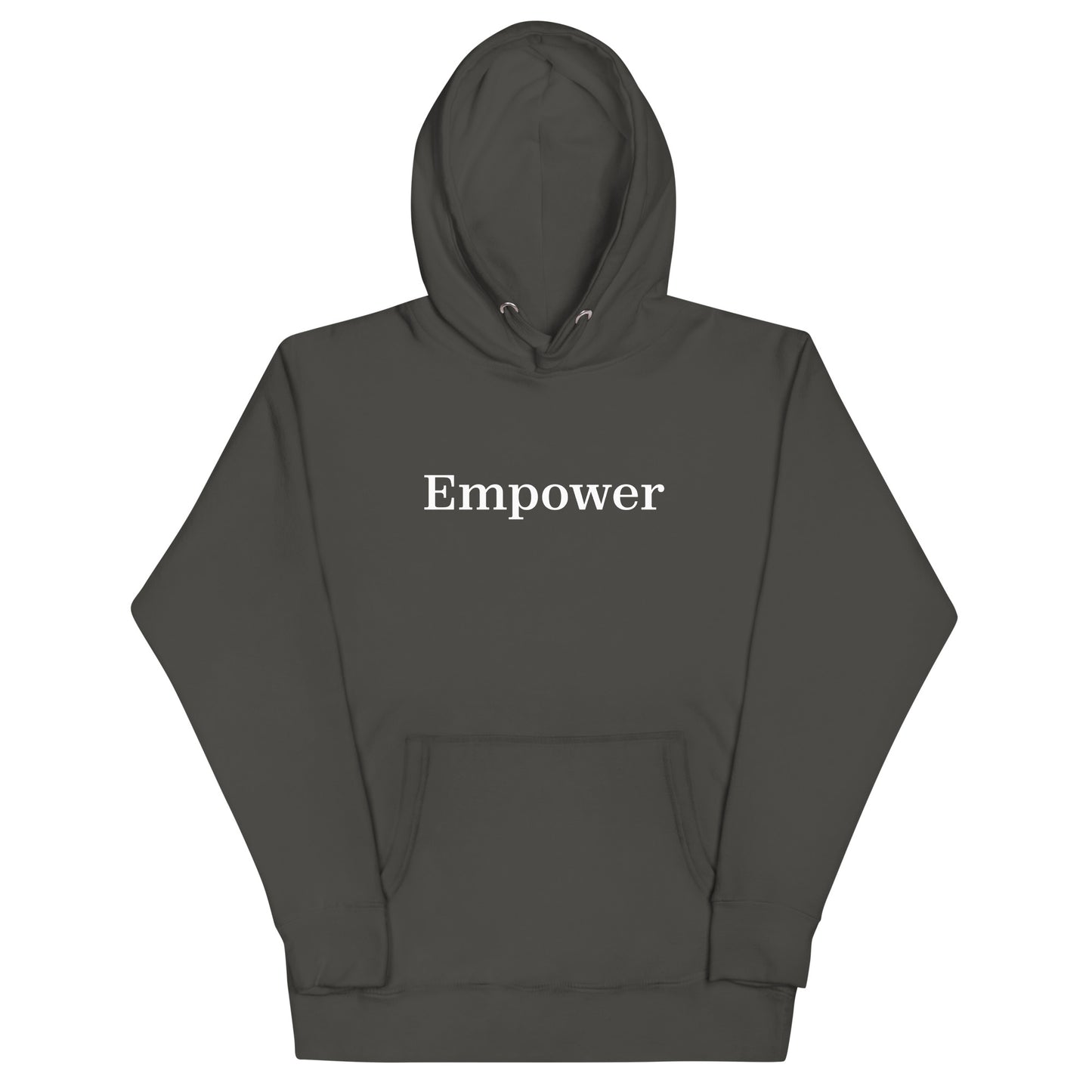 Dark gray hoodie with 'Empower' text on a white background