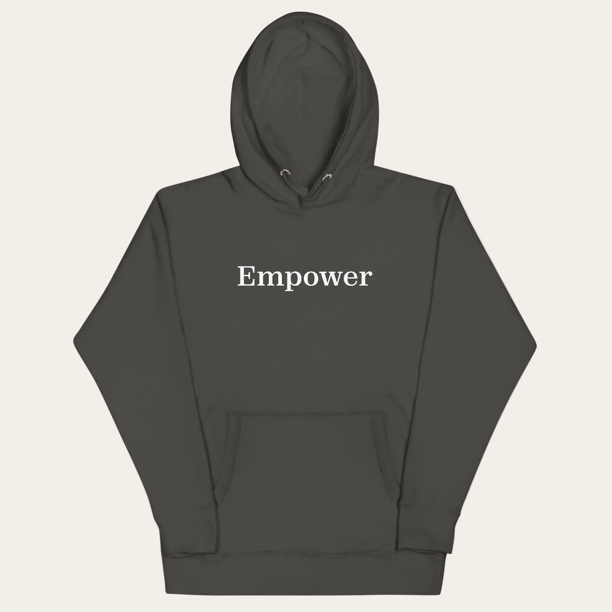 Dark gray hoodie with 'Empower' text on a white background