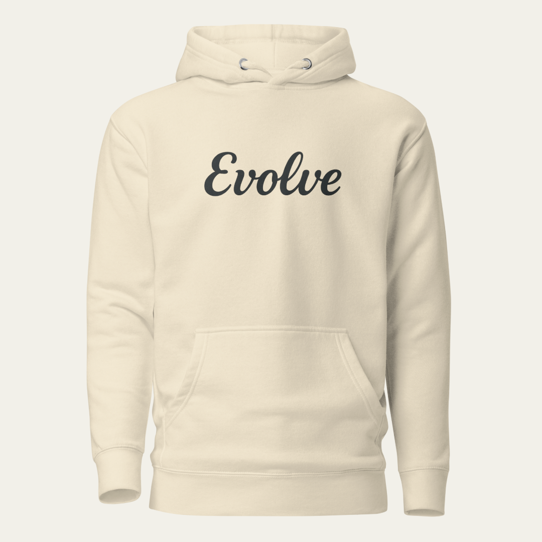 A cream-colored pullover hoodie with the word 'Evolve' printed in black script across the chest, displayed on a light off-white background.