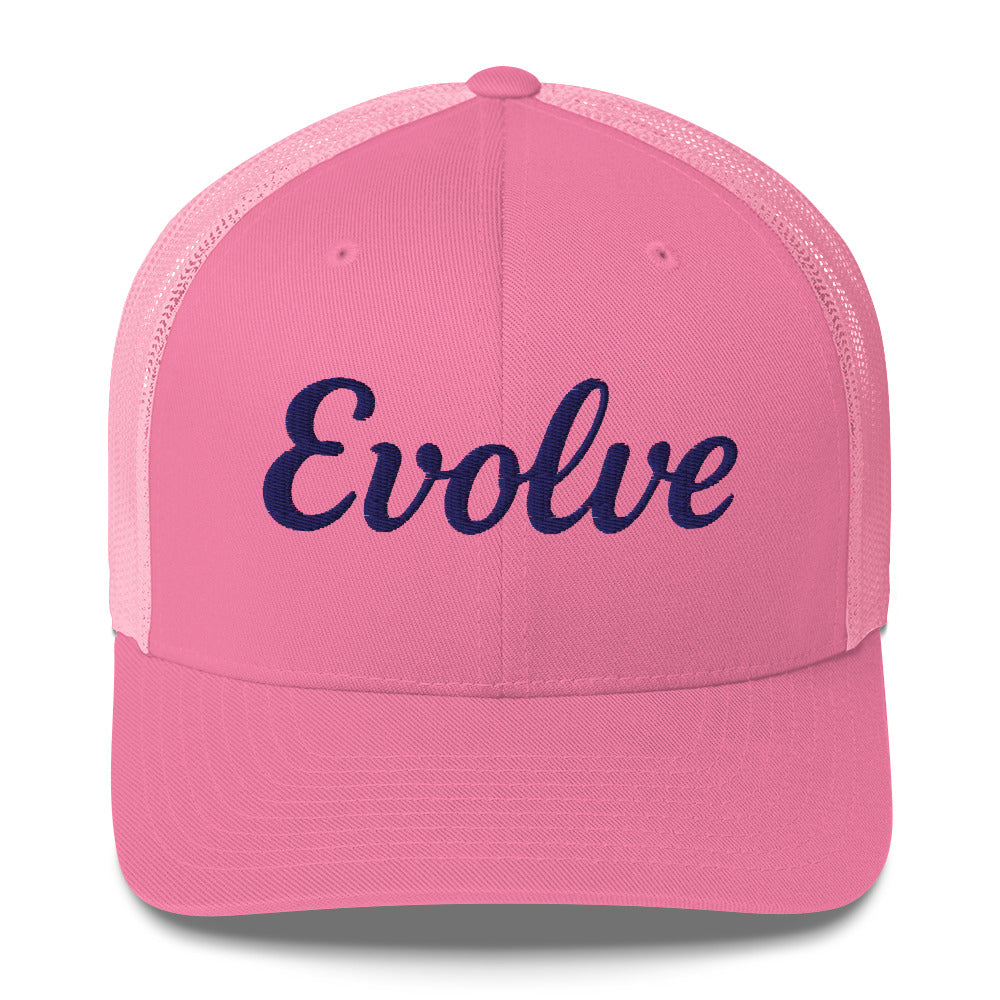 Pink cap with 'Evolve' text on a white background