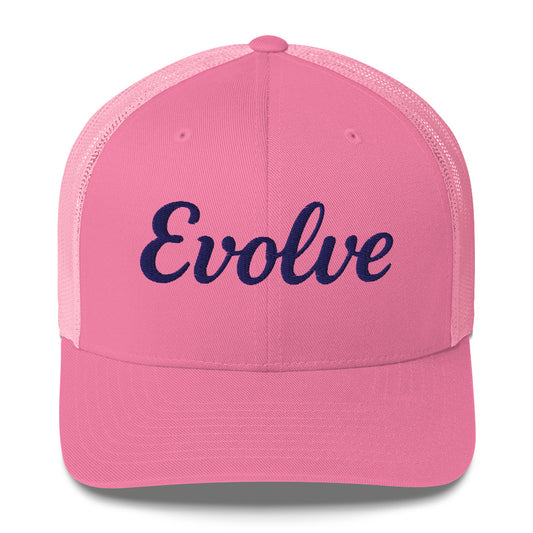 Pink cap with 'Evolve' text on a white background