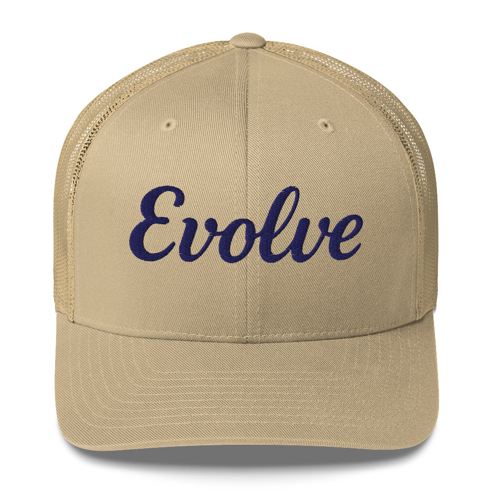 Beige cap with 'Evolve' text on a white background