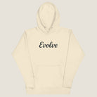 Beige hoodie with 'Evolve' text on a white background