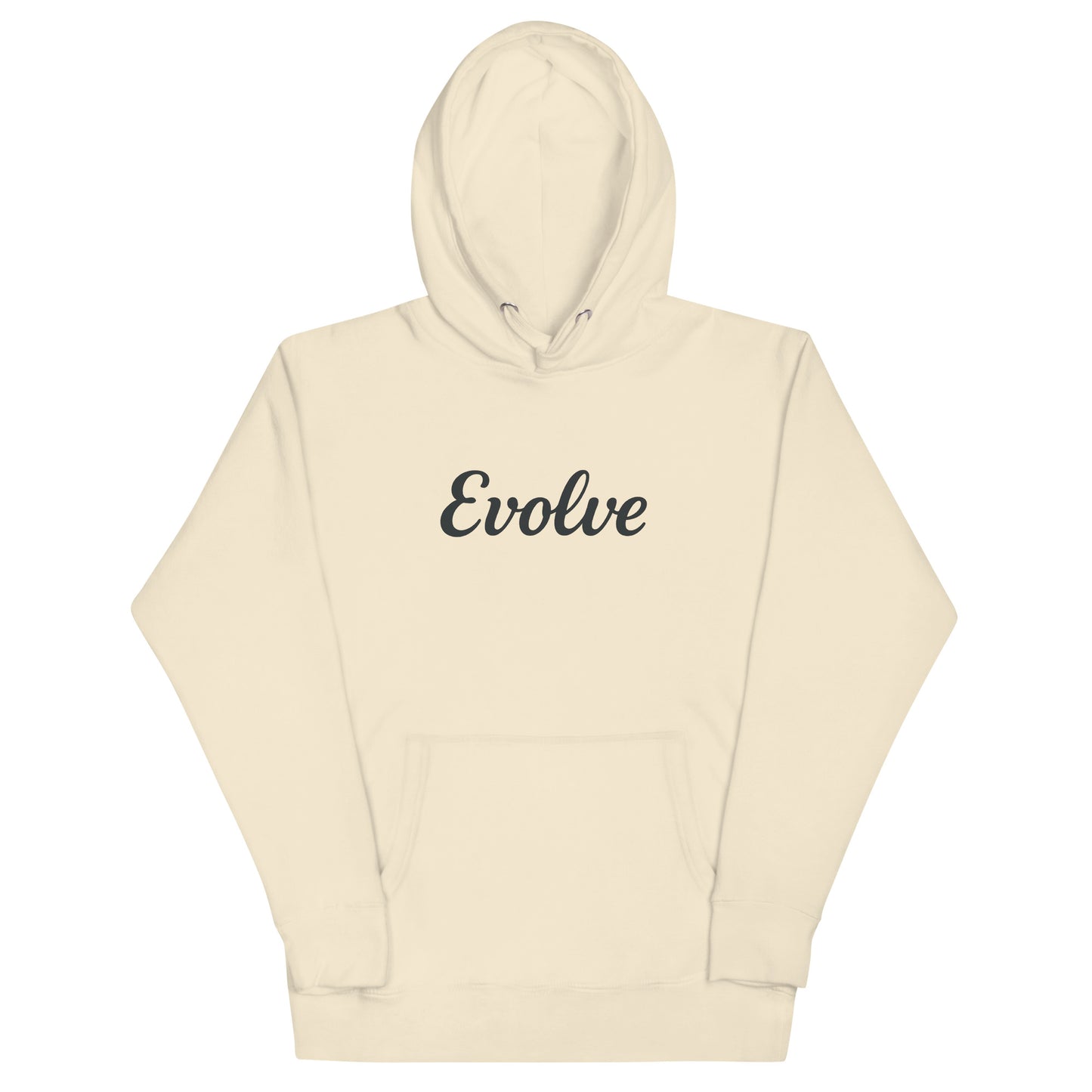 Beige hoodie with 'Evolve' text on a white background