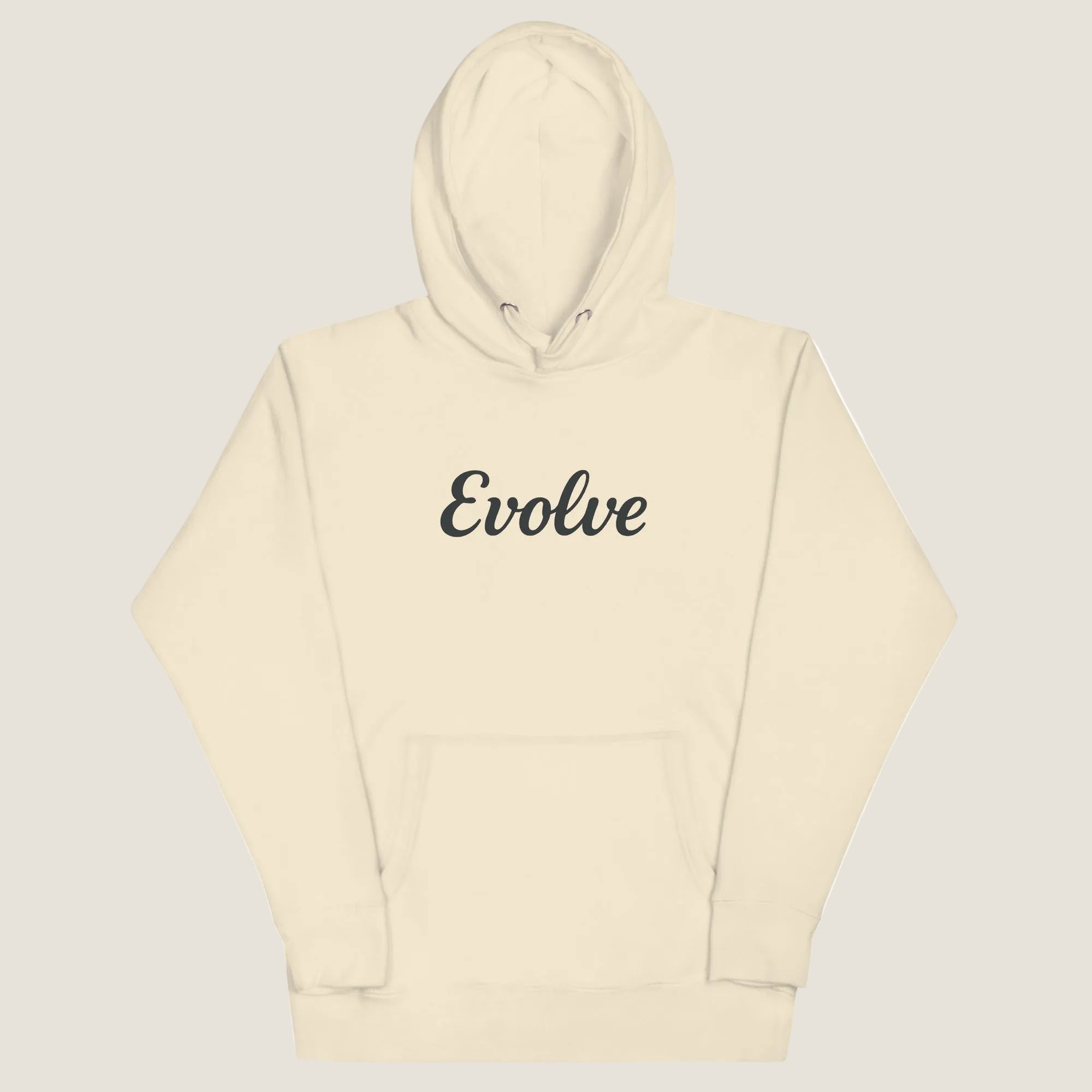 Beige hoodie with 'Evolve' text on a white background