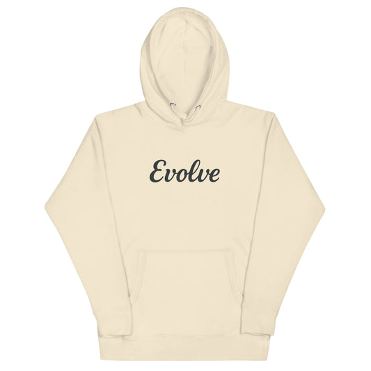 Beige hoodie with 'Evolve' text on a white background