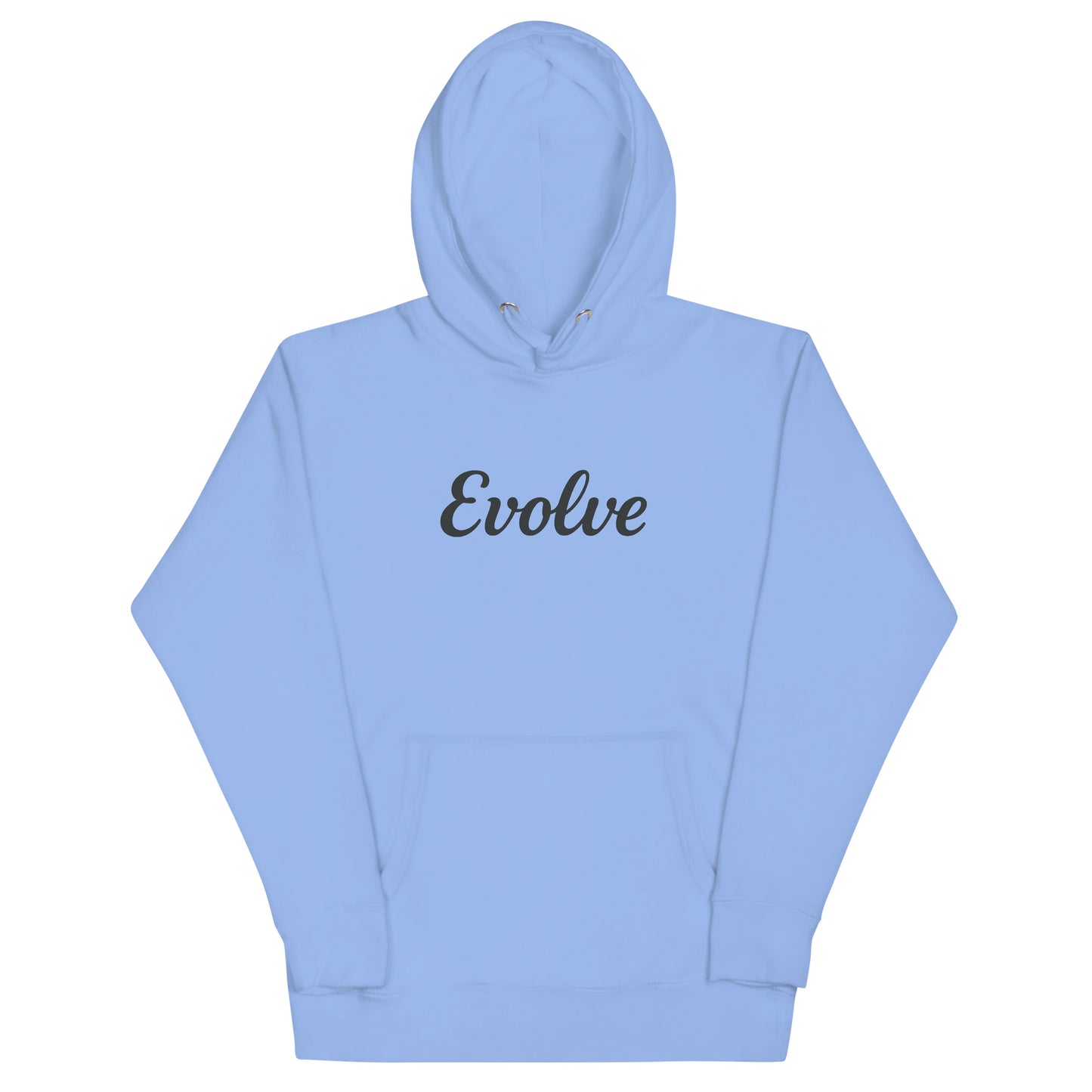 Light blue hoodie with 'Evolve' text on a white background