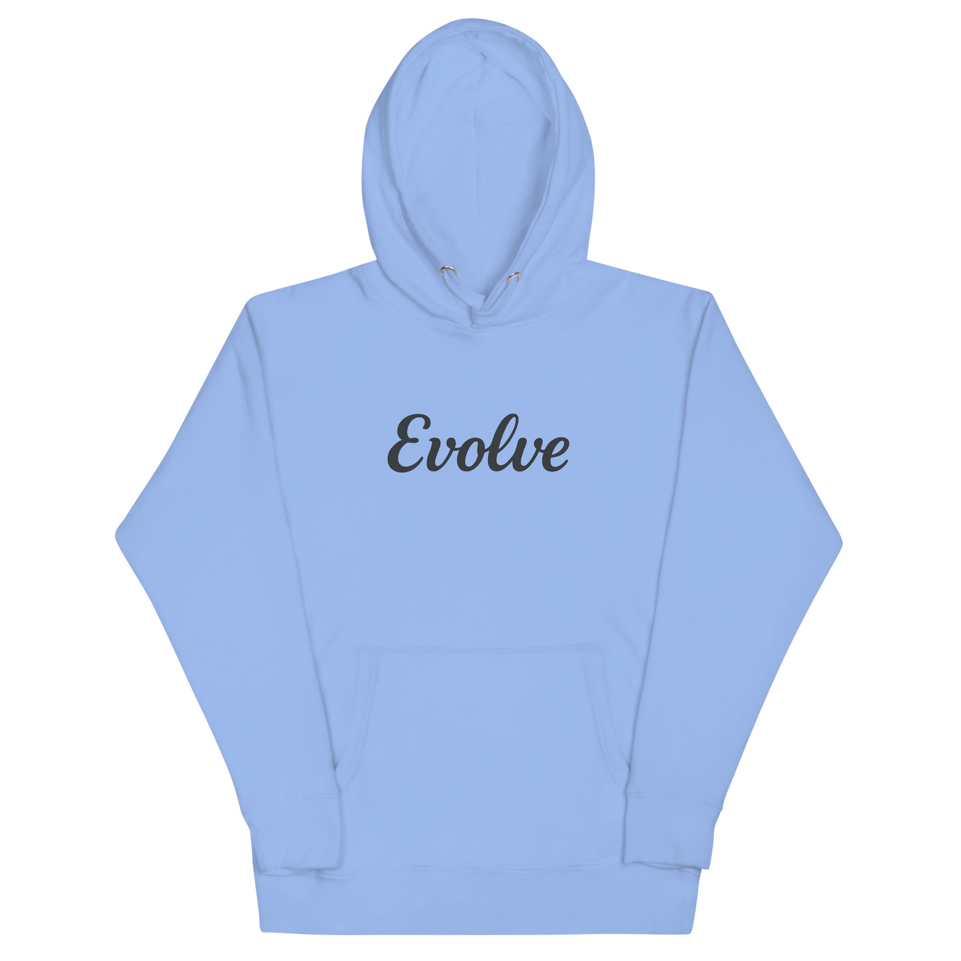 Light blue hoodie with 'Evolve' text on a white background