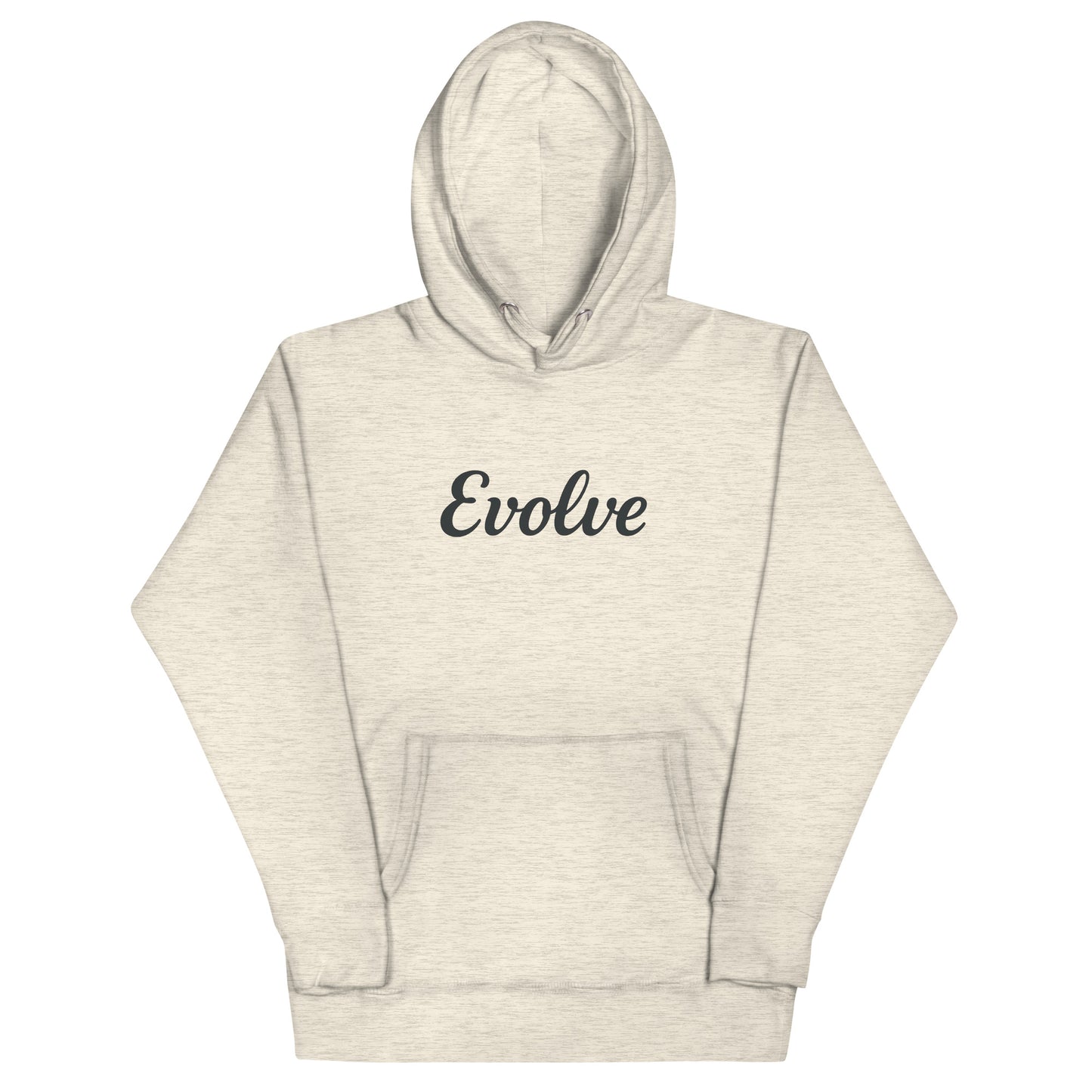 Beige hoodie with 'Evolve' text on a white background