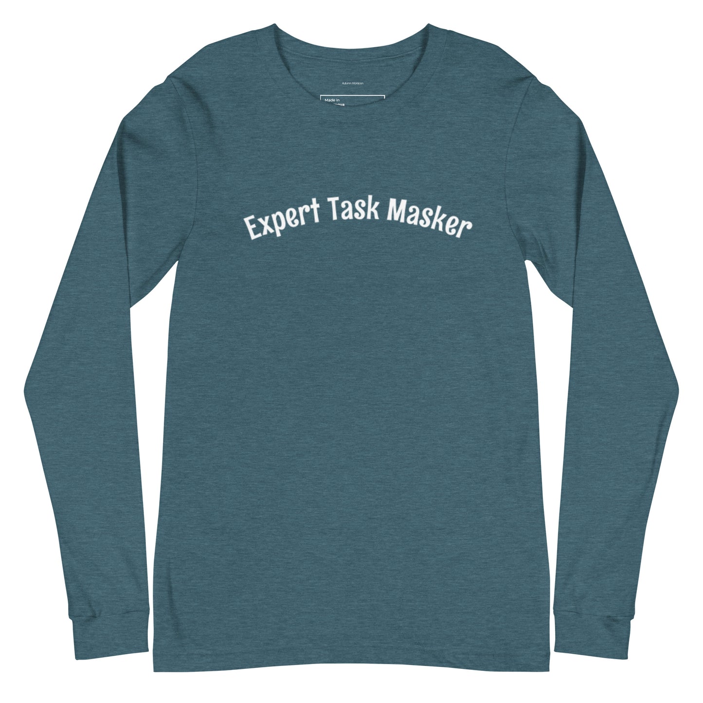Blue long-sleeve shirt with 'Expert Task Masker' text on a white background
