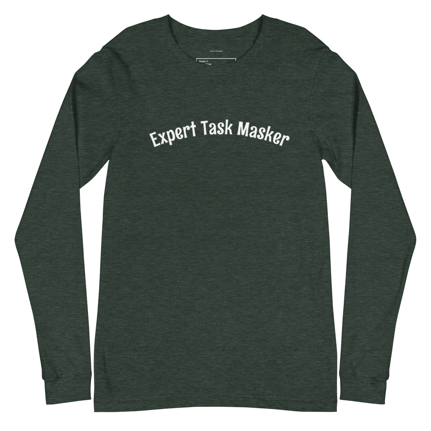 Dark gray long-sleeve shirt with 'Expert Task Masker' text on a white background