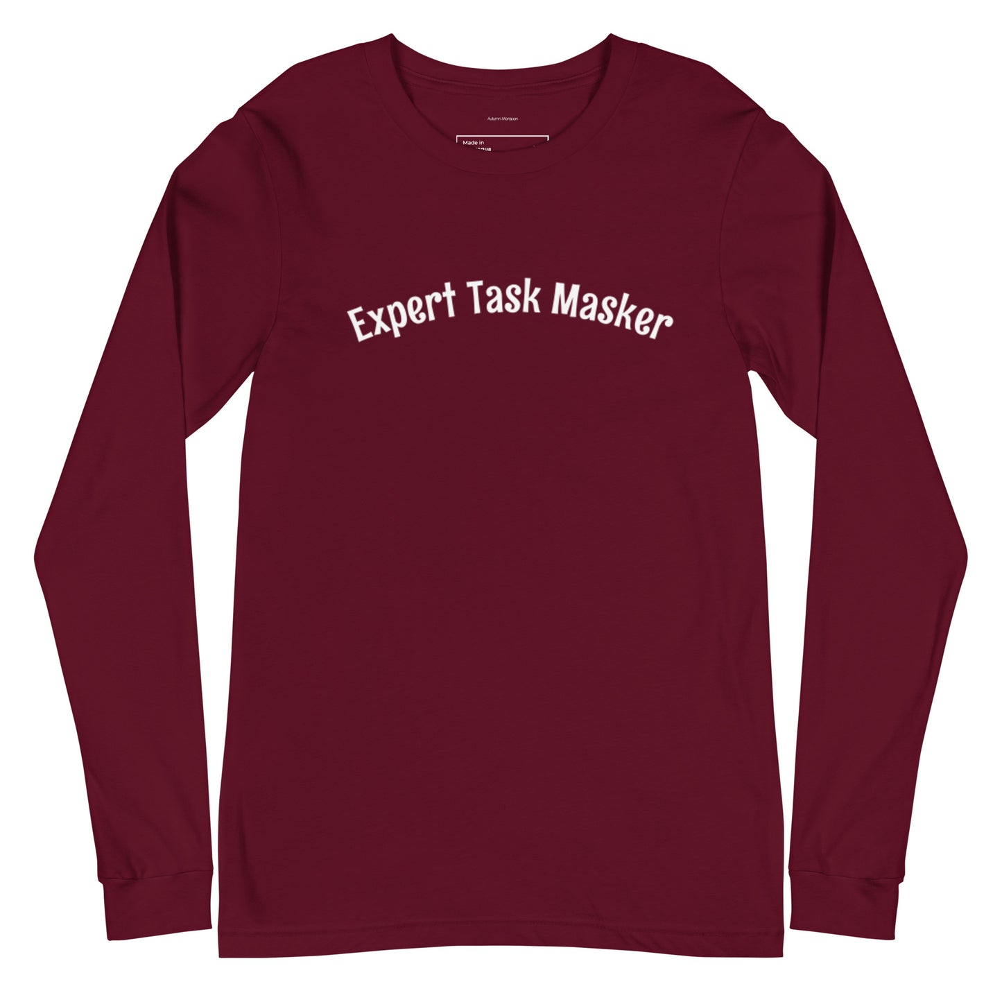 Maroon long-sleeve shirt with 'Expert Task Masker' text on a white background