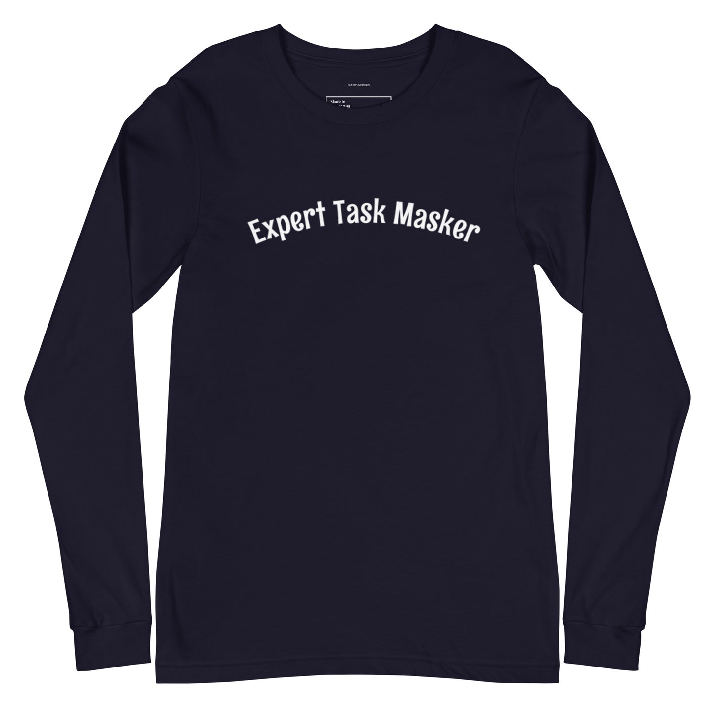 Black long-sleeve shirt with 'Expert Task Masker' text on a white background